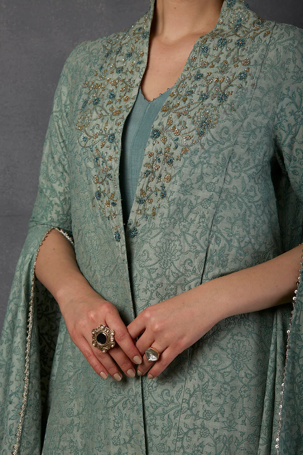 Aqua Chanderi Embroidered Jacket Set (Tl-124)