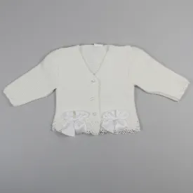 Baby Girls Knitted Cardigan with Lace Trim - White