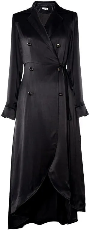 Black Double-Breasted Long Sateen Robe-Coat