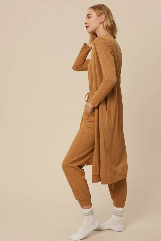 Butter Scotch Textured Jumpsuit And Long Cardigan Knit Sets