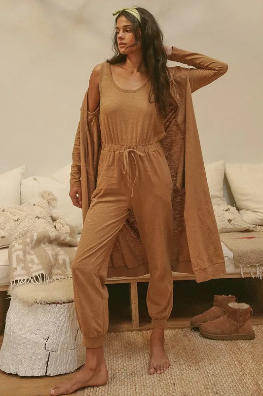 Butter Scotch Textured Jumpsuit And Long Cardigan Knit Sets