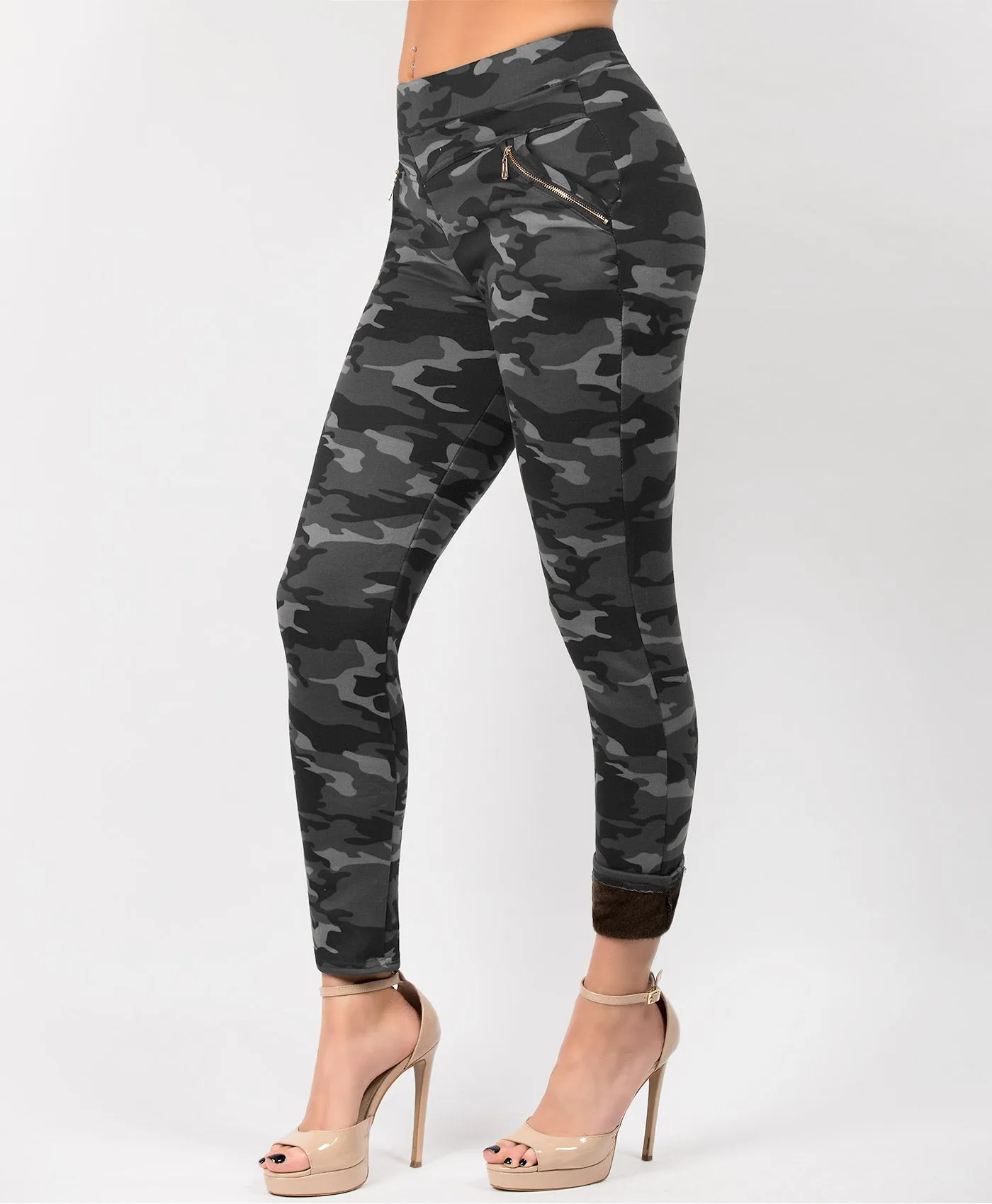 Camouflage Side Zip Fur Lined Leggings