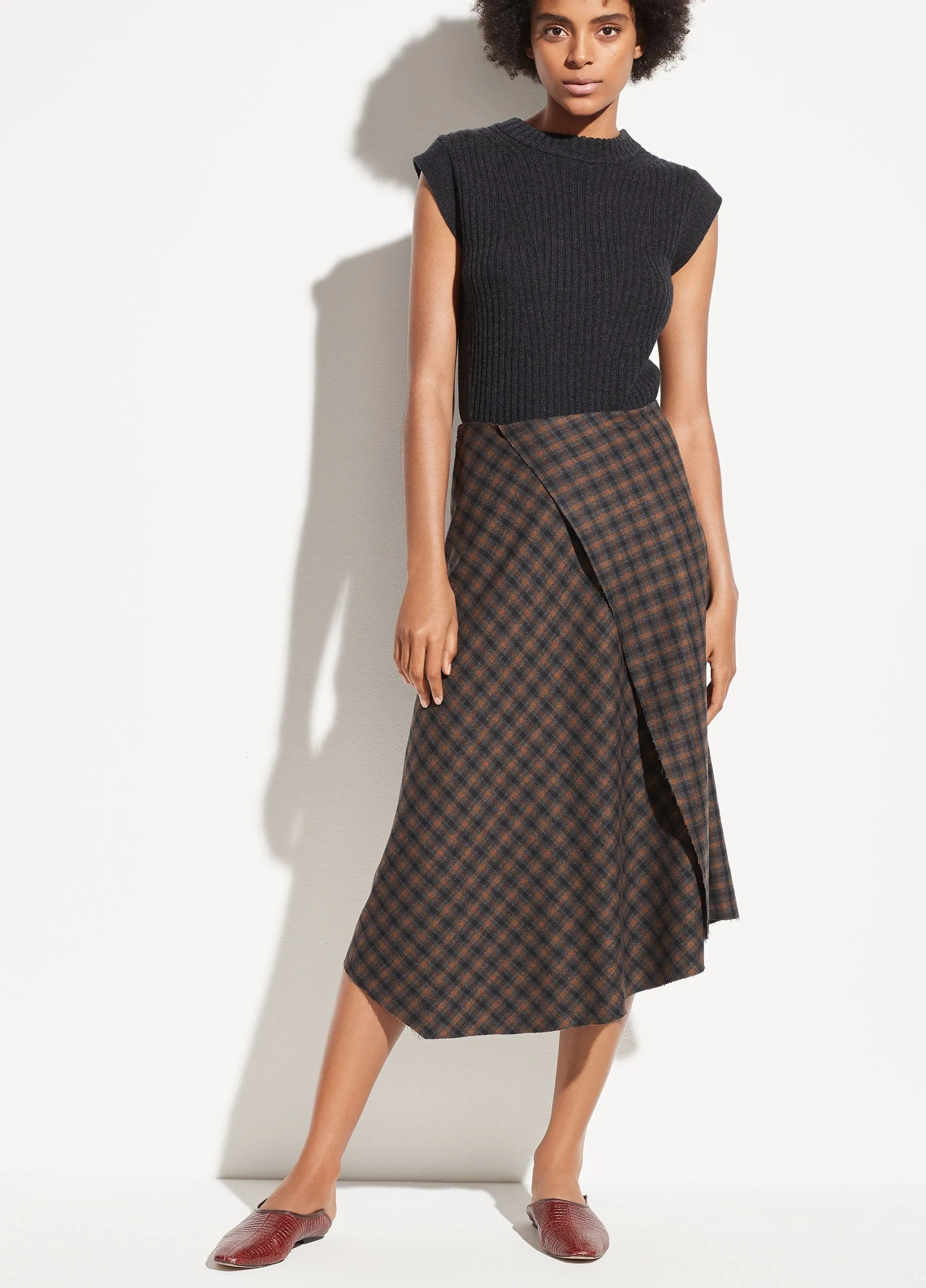 Check Plaid Wool Skirt in Mahogany