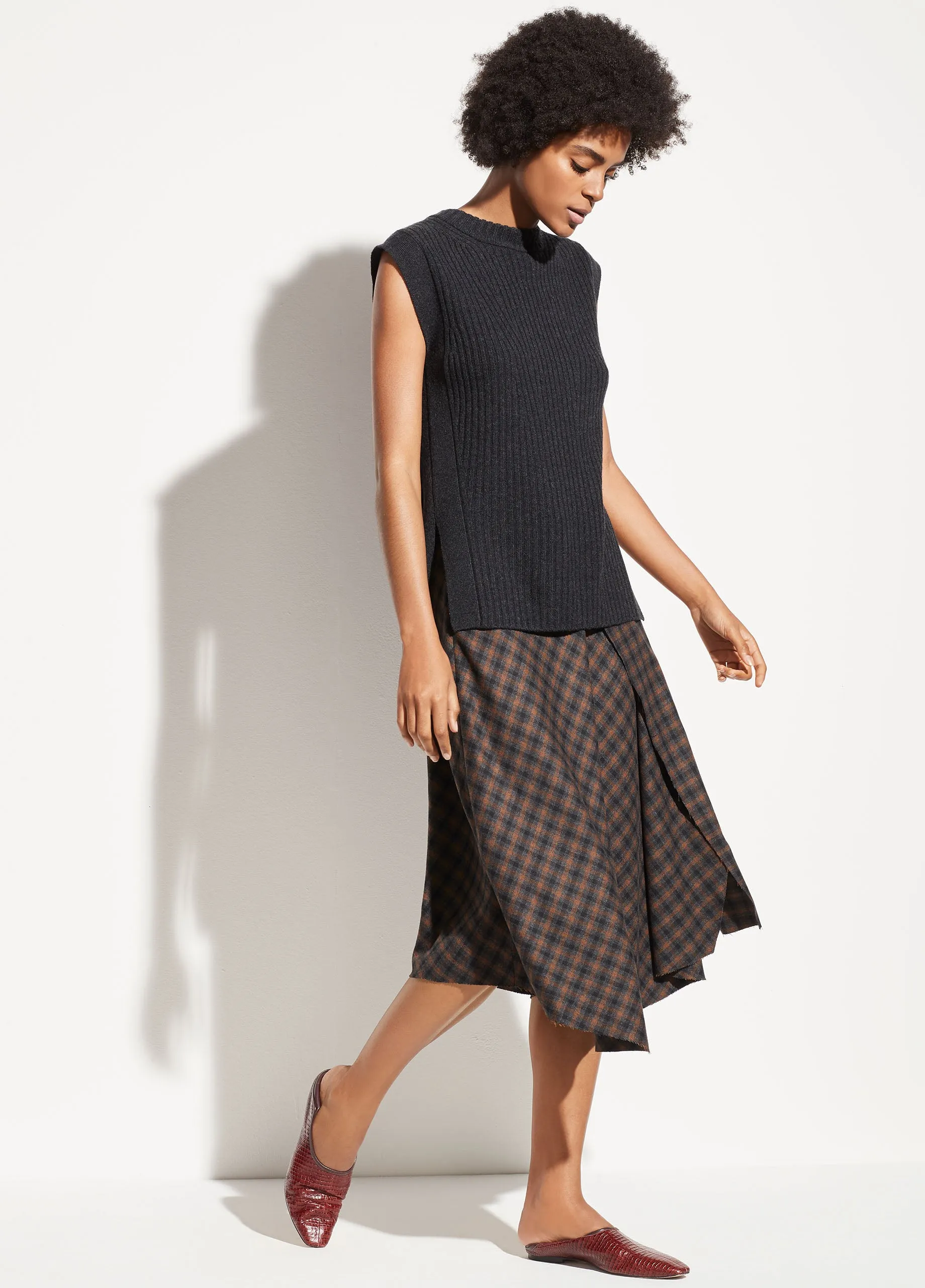 Check Plaid Wool Skirt in Mahogany