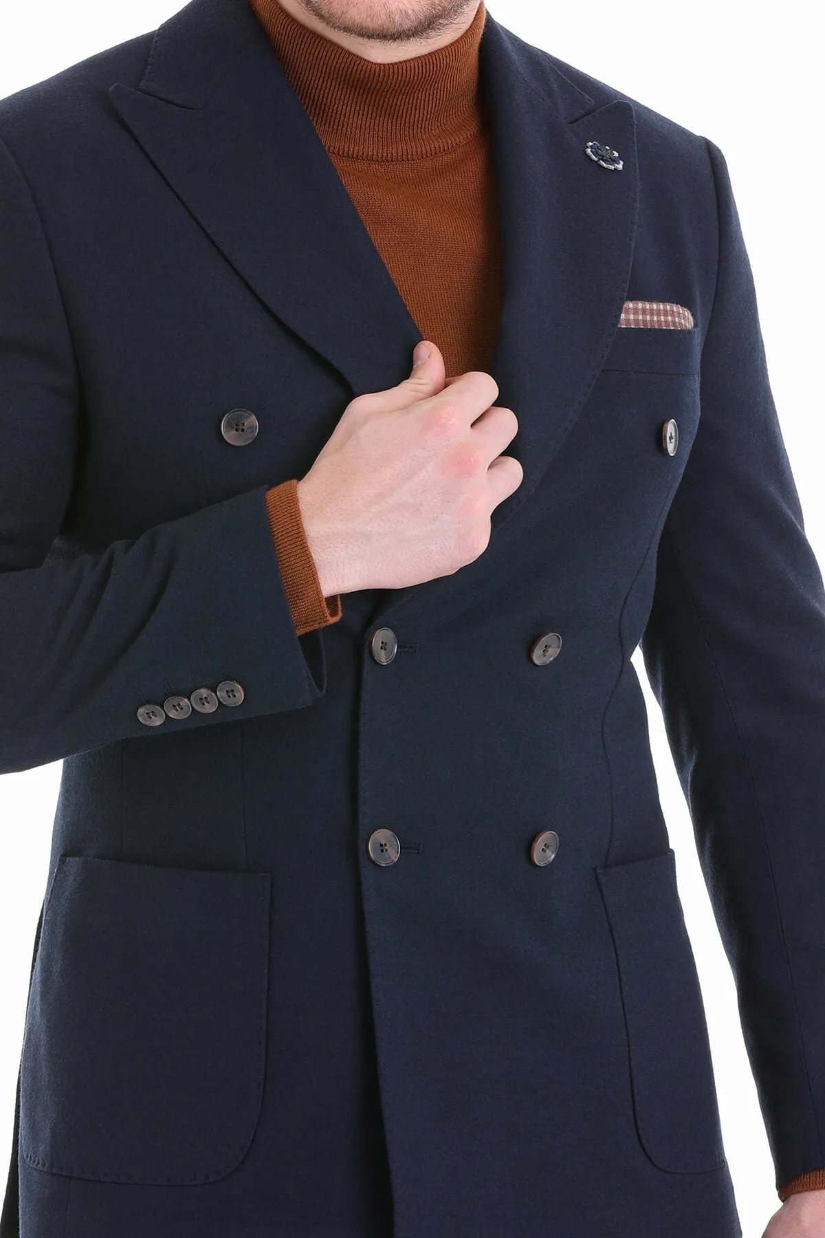 Comfort Fit Double Breasted Wool Blend Navy Casual Blazer