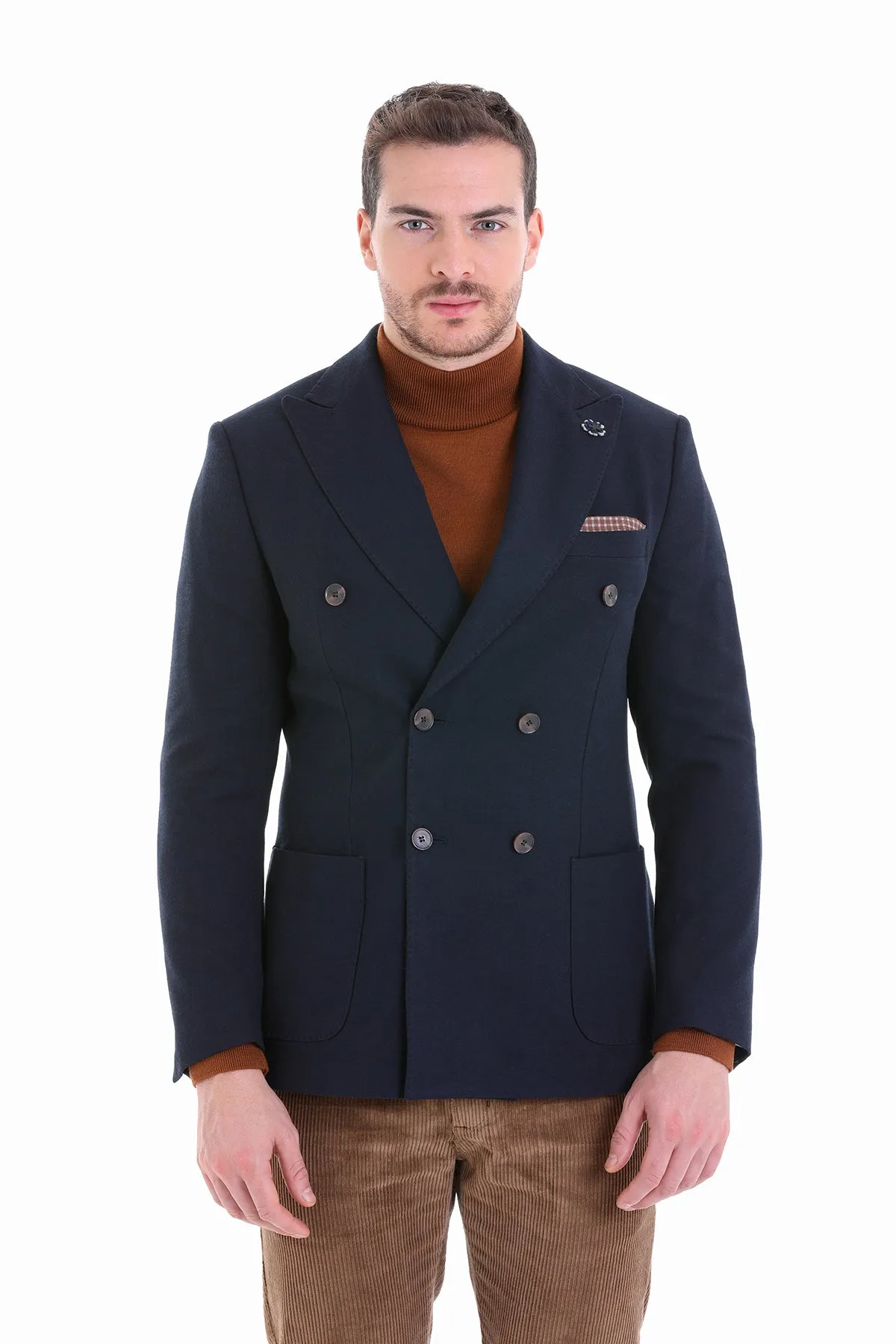 Comfort Fit Double Breasted Wool Blend Navy Casual Blazer