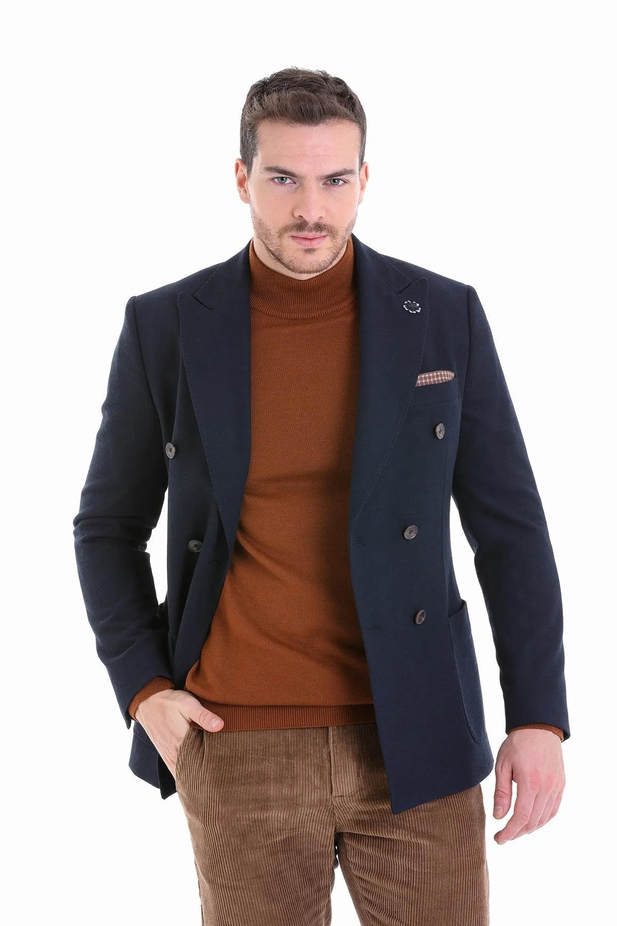 Comfort Fit Double Breasted Wool Blend Navy Casual Blazer