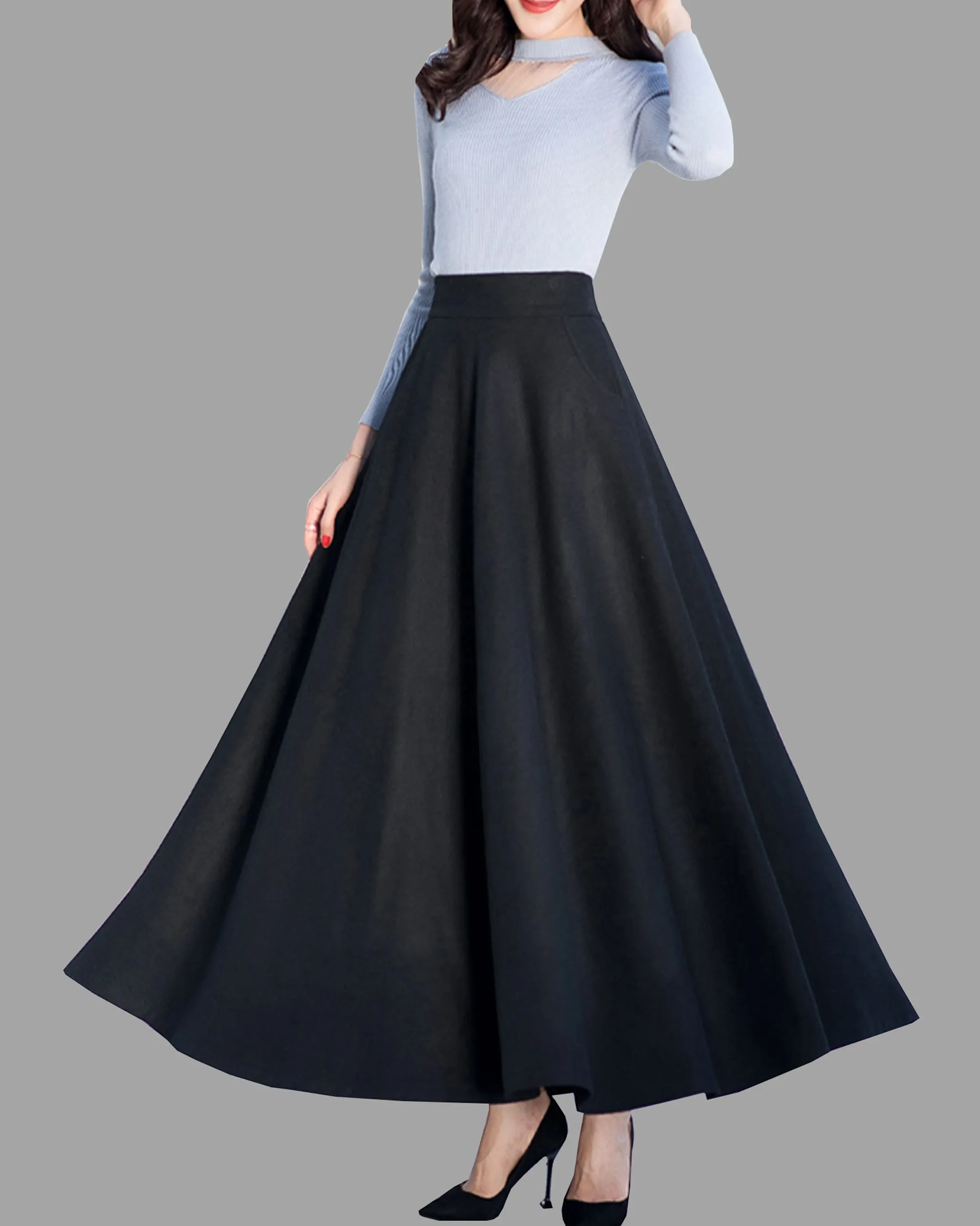 Elastic waist skirt, Maxi skirt, Wool skirt, Winter skirt, black skirt, long wool skirt, vintage skirt, high waist skirt, wool maxi skirt Q0015