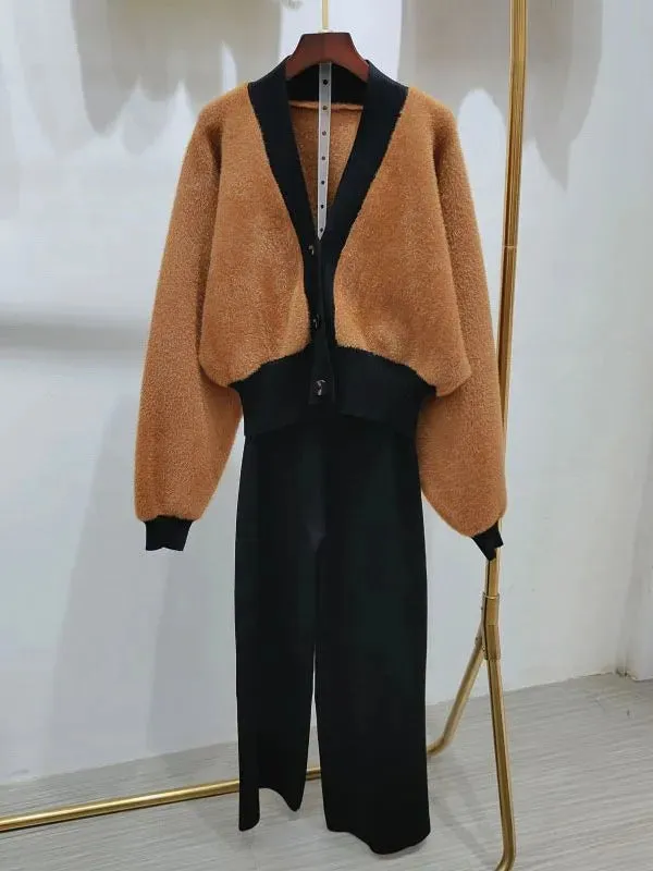 Fall Winter 2 Piece Set Women Mink Cashmere Cardigan Tracksuits Fashion Knitted Wide Leg Pant Set Ladies Sweater Suit  C-199