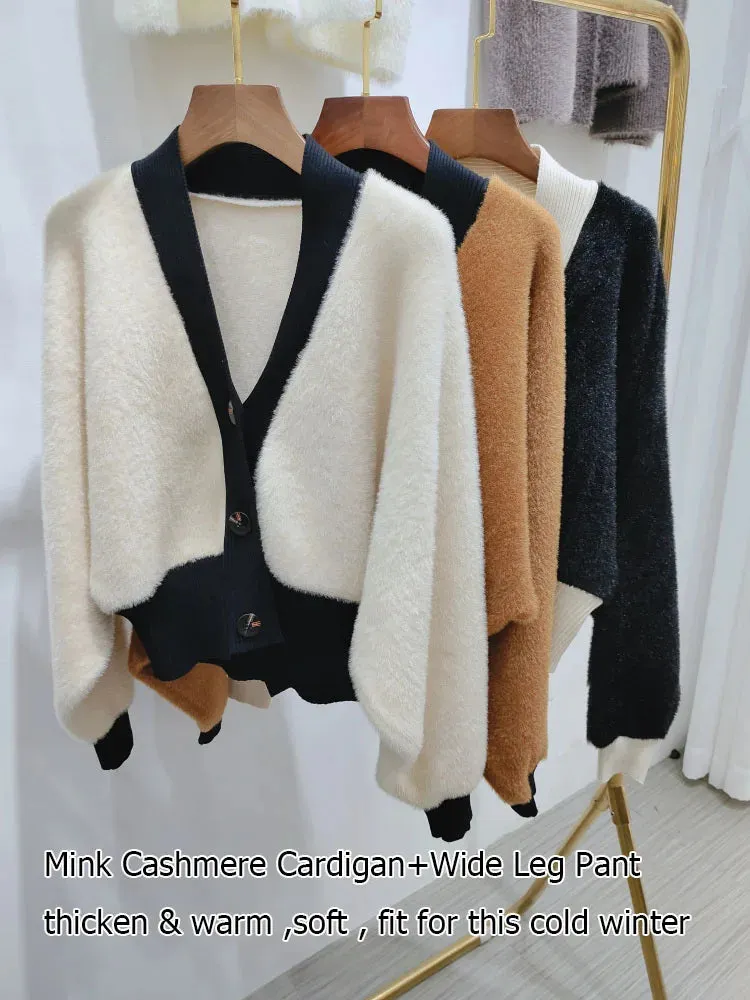 Fall Winter 2 Piece Set Women Mink Cashmere Cardigan Tracksuits Fashion Knitted Wide Leg Pant Set Ladies Sweater Suit  C-199