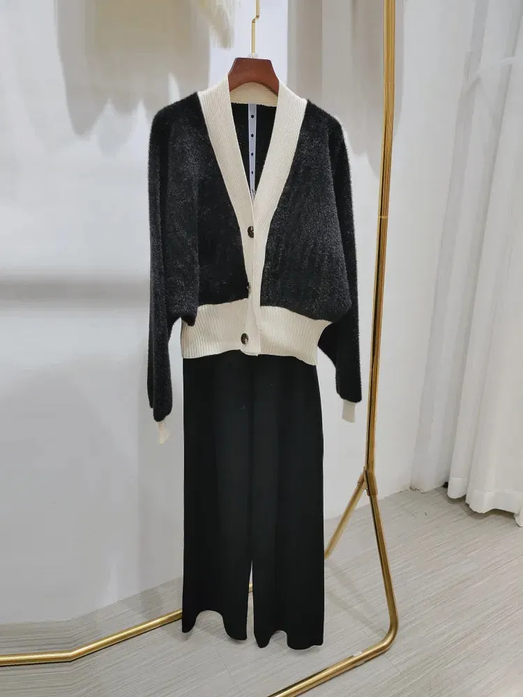 Fall Winter 2 Piece Set Women Mink Cashmere Cardigan Tracksuits Fashion Knitted Wide Leg Pant Set Ladies Sweater Suit  C-199