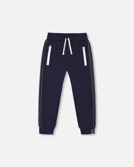 Fleece Sweatpants With Contrast Side Rib Navy