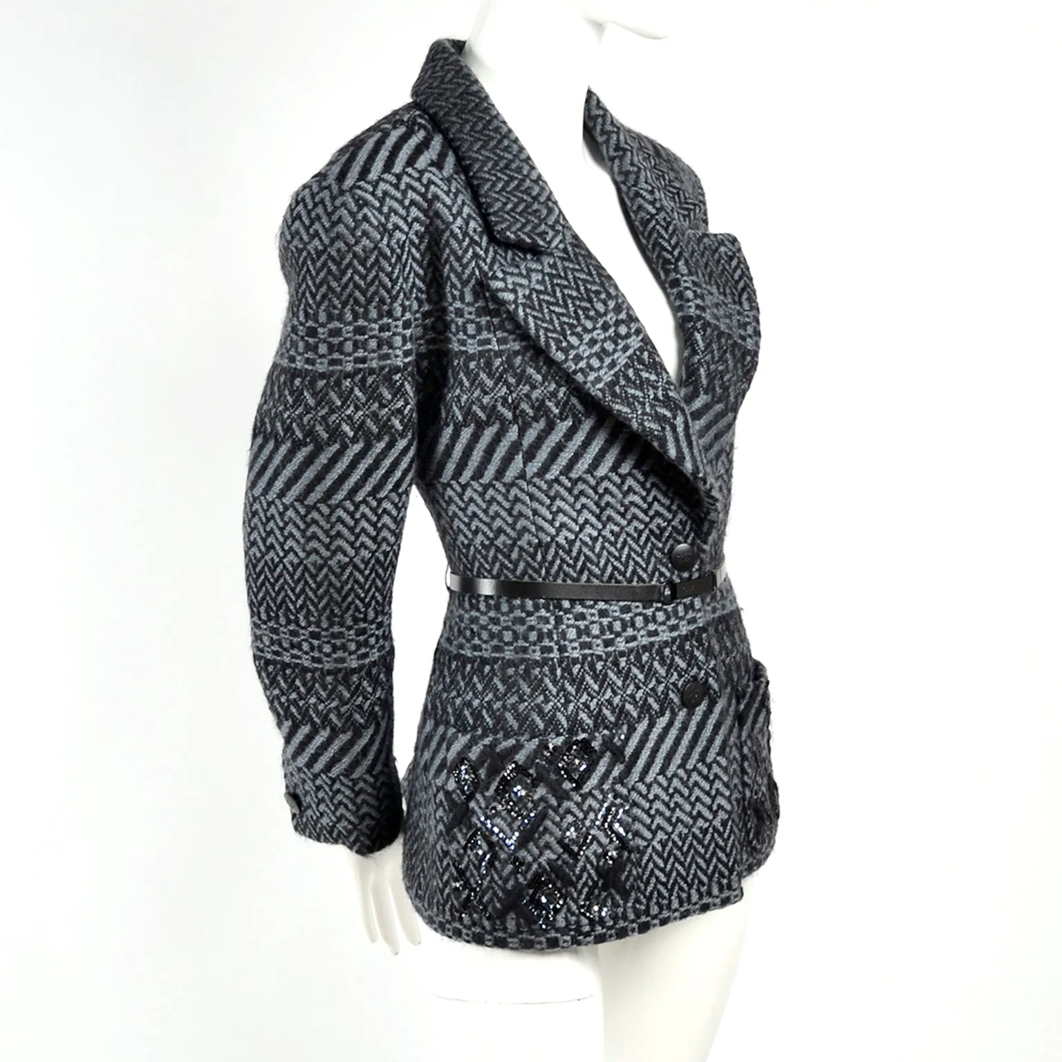 F/W 2000 Chanel Black & Gray Chevron Check Wool Jacket w/ Belt