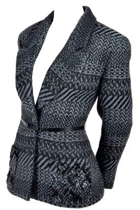 F/W 2000 Chanel Black & Gray Chevron Check Wool Jacket w/ Belt