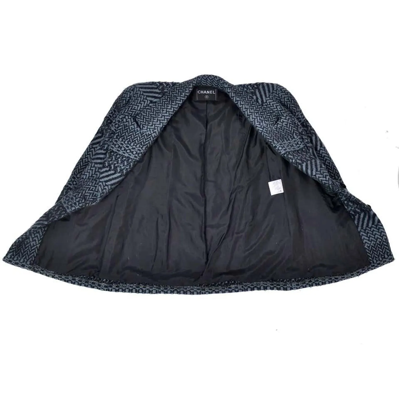 F/W 2000 Chanel Black & Gray Chevron Check Wool Jacket w/ Belt