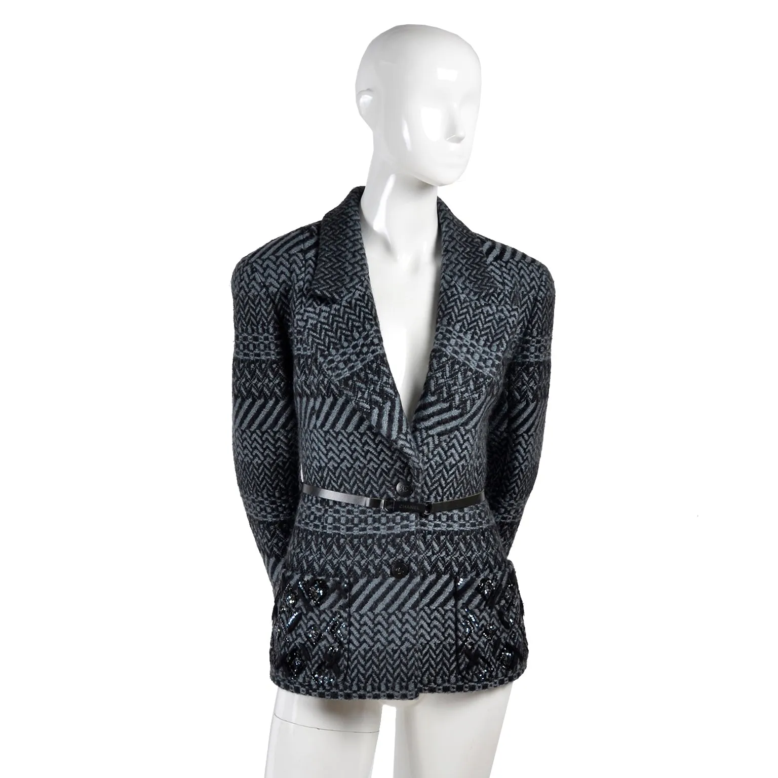 F/W 2000 Chanel Black & Gray Chevron Check Wool Jacket w/ Belt