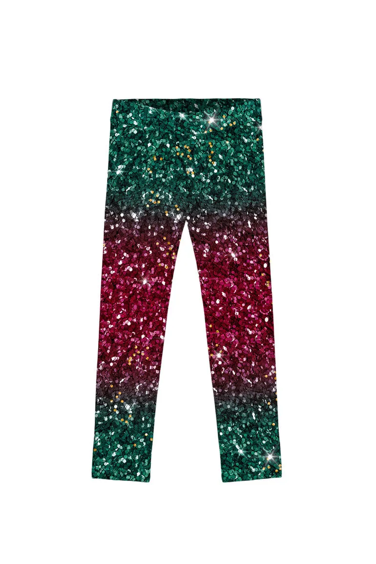 Glitzy Tinsel Lucy Green Glitter Shiny Print Holiday Leggings - Girls