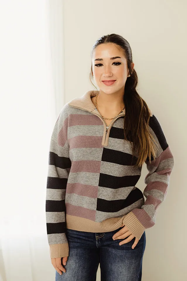 Half Zip Stripe Mix Sweater