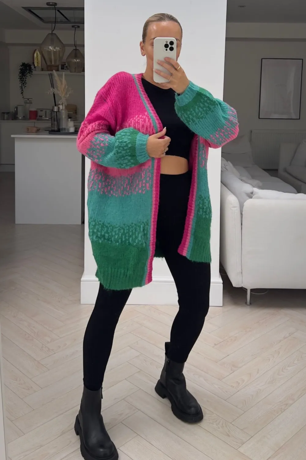 Harri pink & green short knitted cardigan