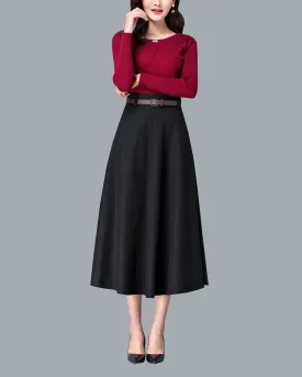 High waist skirt, Winter skirt, Midi skirt, Wool skirt, dark gray skirt, long skirt, vintage skirt, flare skirt, Wool skirt with belt Q0025