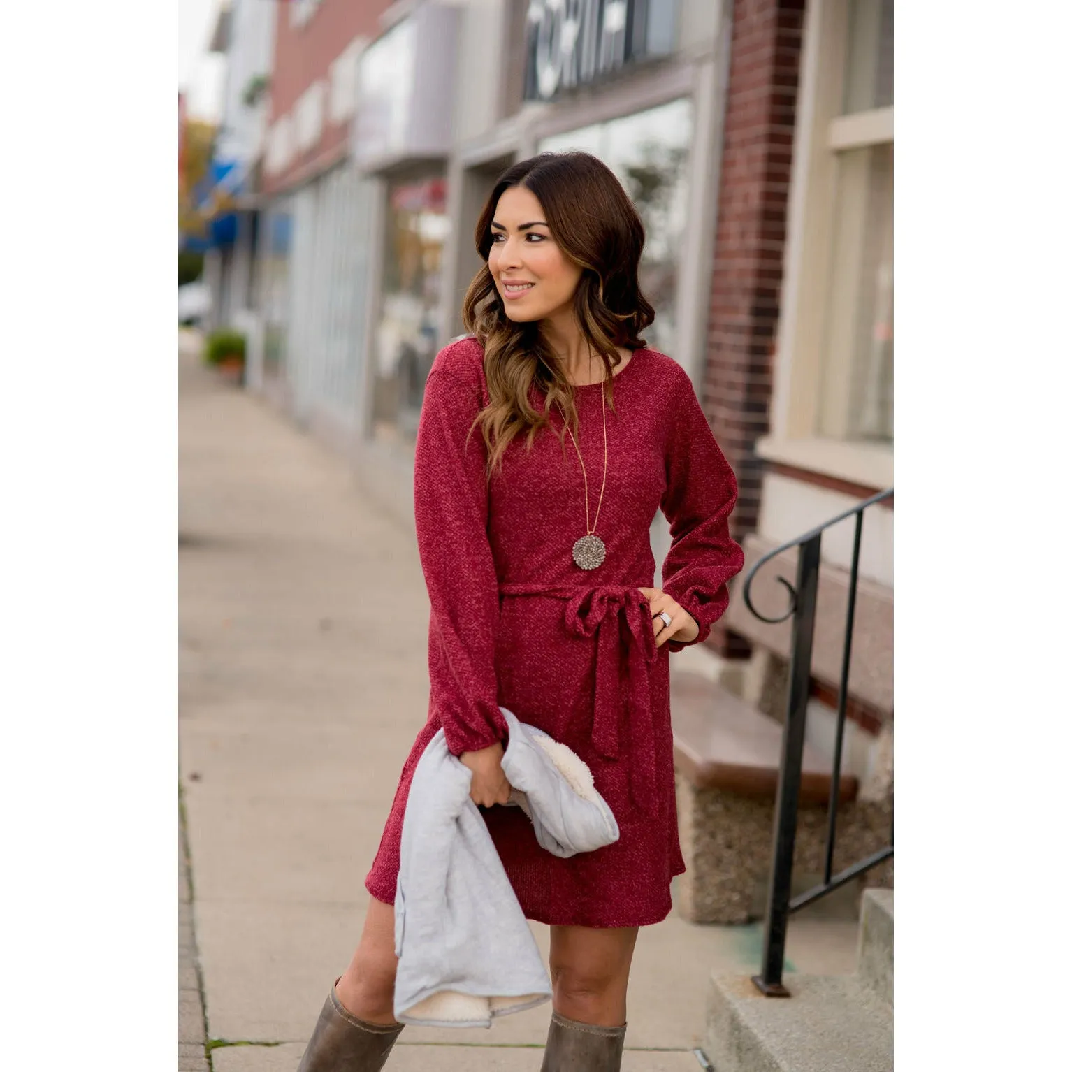 Long Sleeve Front Tie Sweater Dress