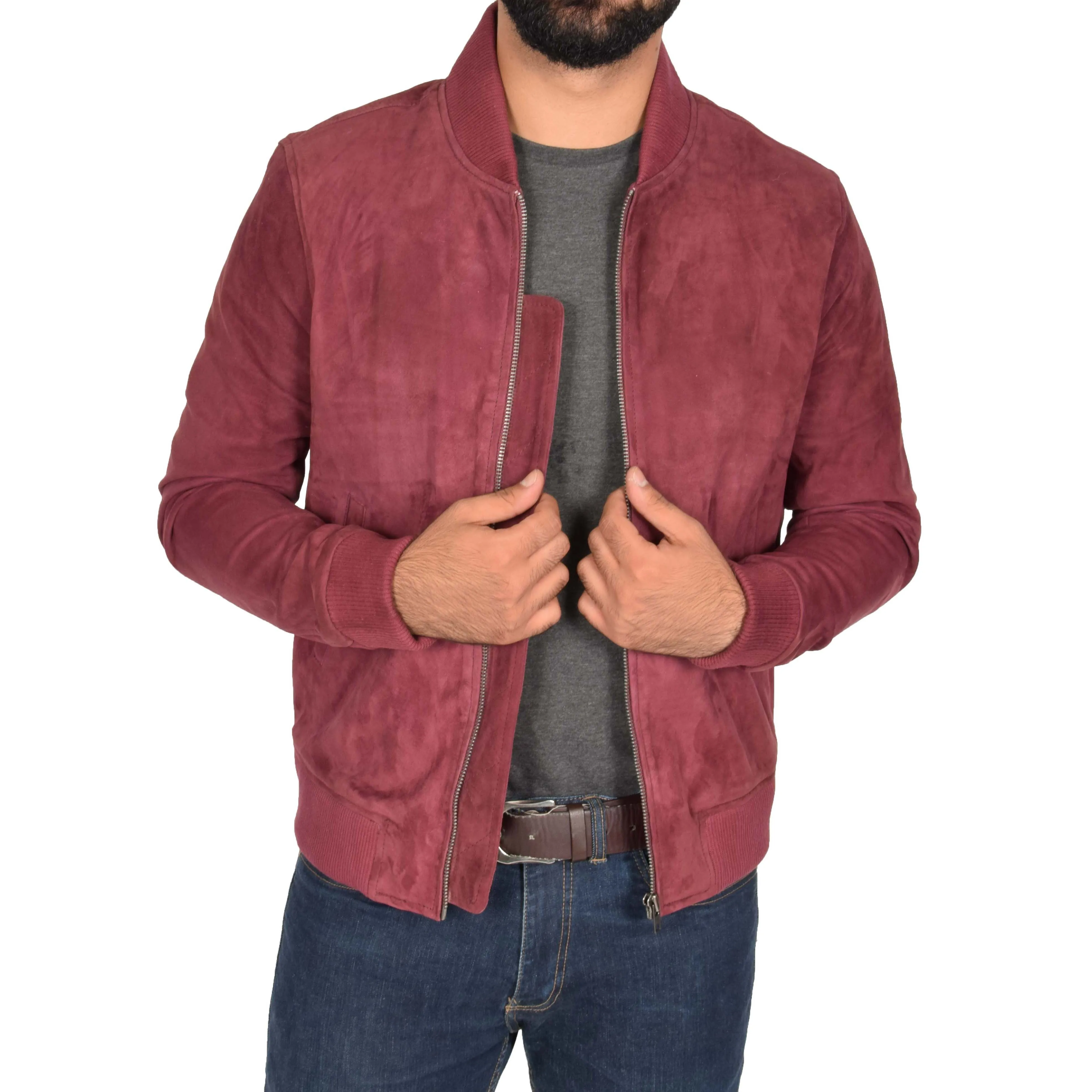 Mens Soft Goat Suede Bomber Varsity Baseball Jacket Blur Burgundy