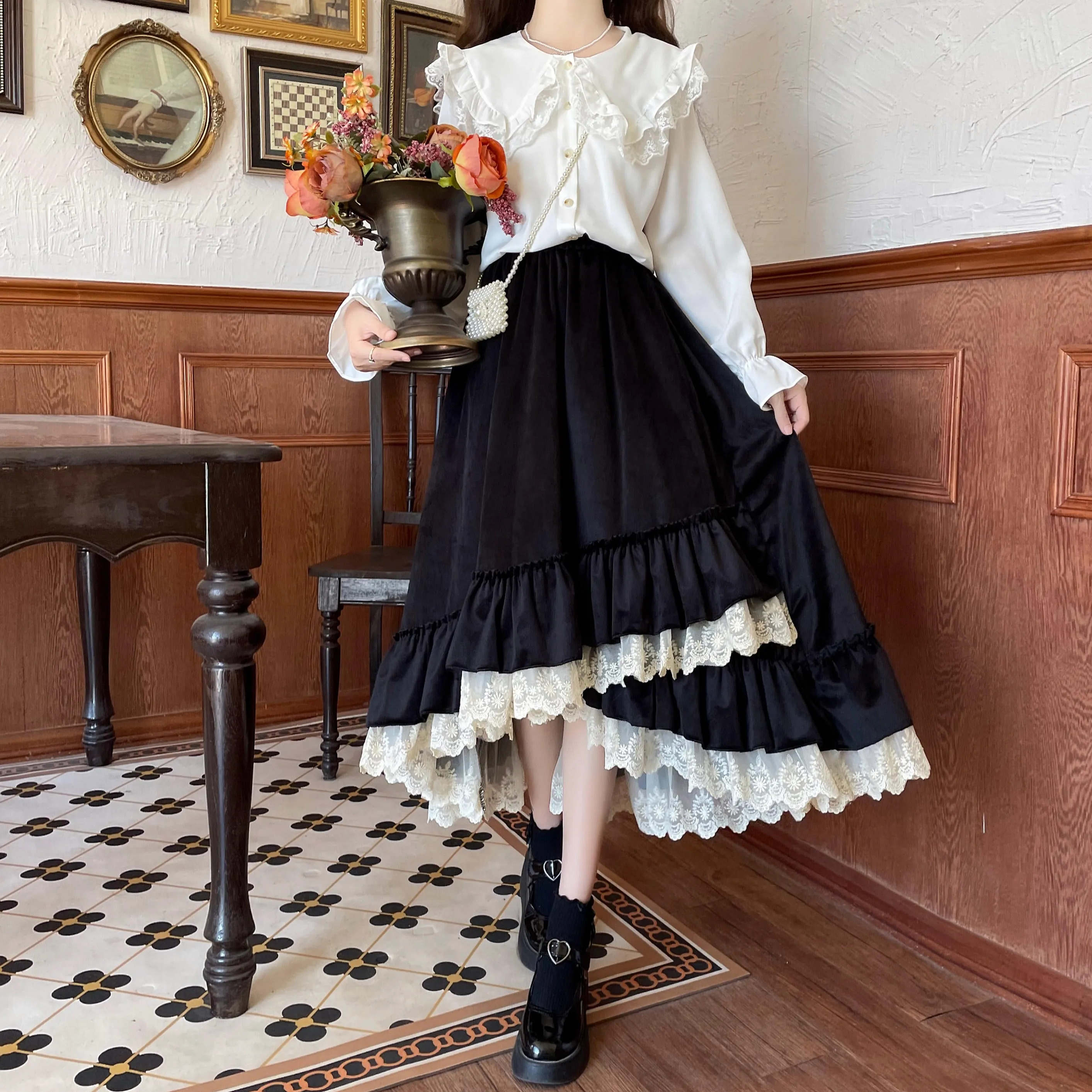 Mori Girl Fall Velvet White & Black Lace Long Elastic Gathered Waist Skirt