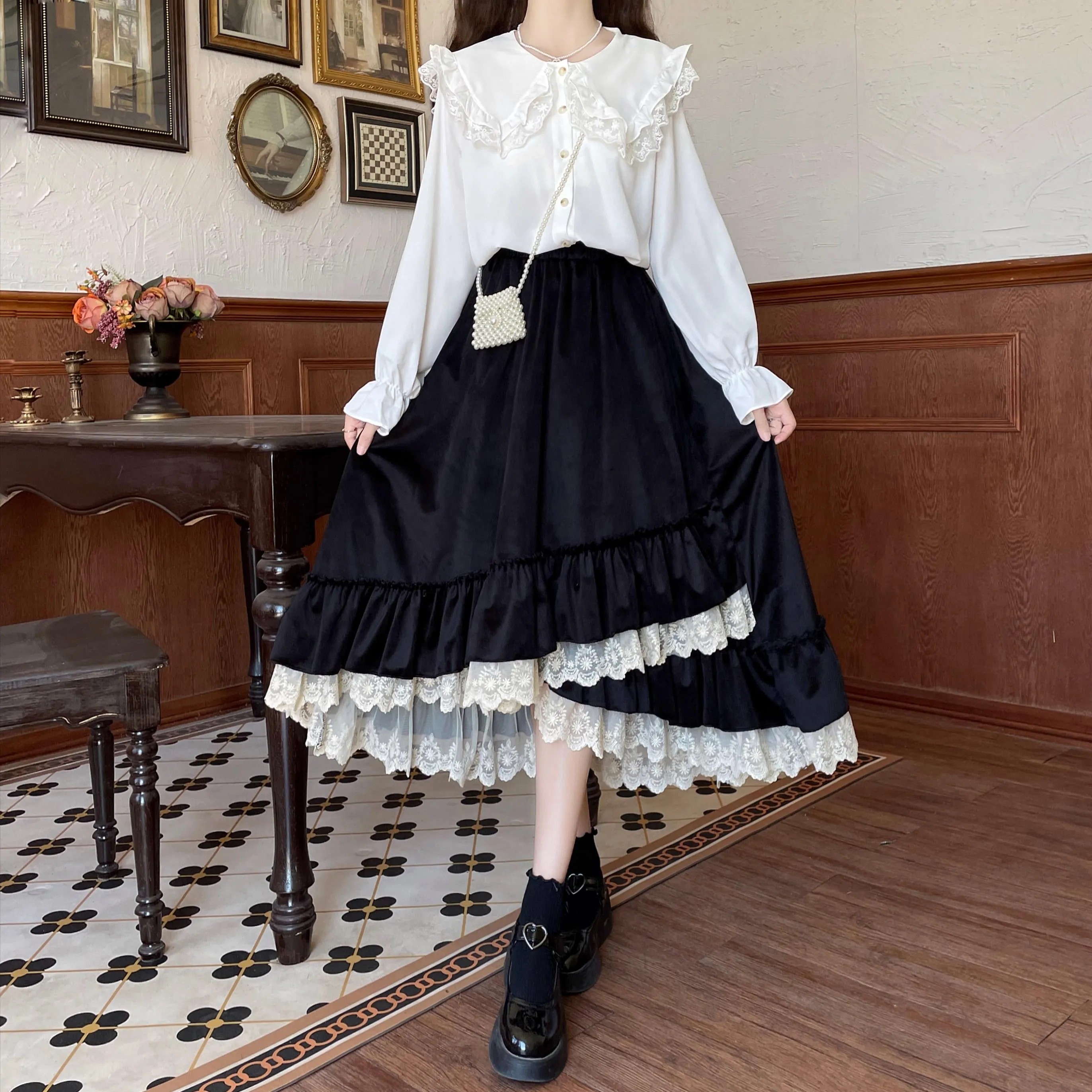 Mori Girl Fall Velvet White & Black Lace Long Elastic Gathered Waist Skirt