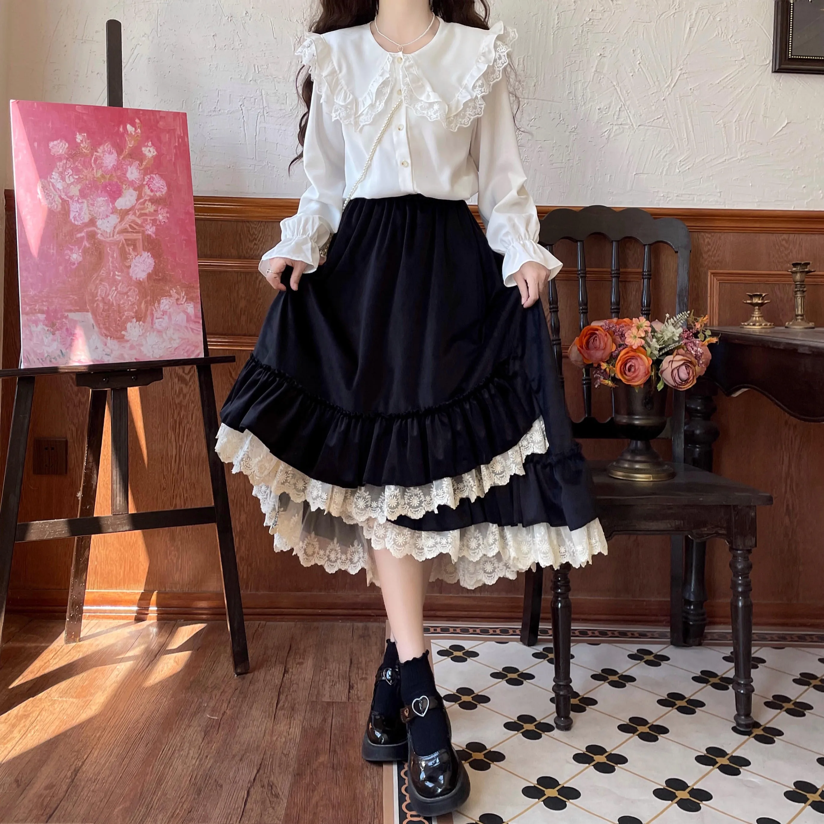 Mori Girl Fall Velvet White & Black Lace Long Elastic Gathered Waist Skirt