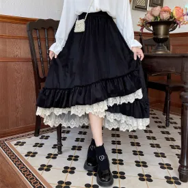 Mori Girl Fall Velvet White & Black Lace Long Elastic Gathered Waist Skirt