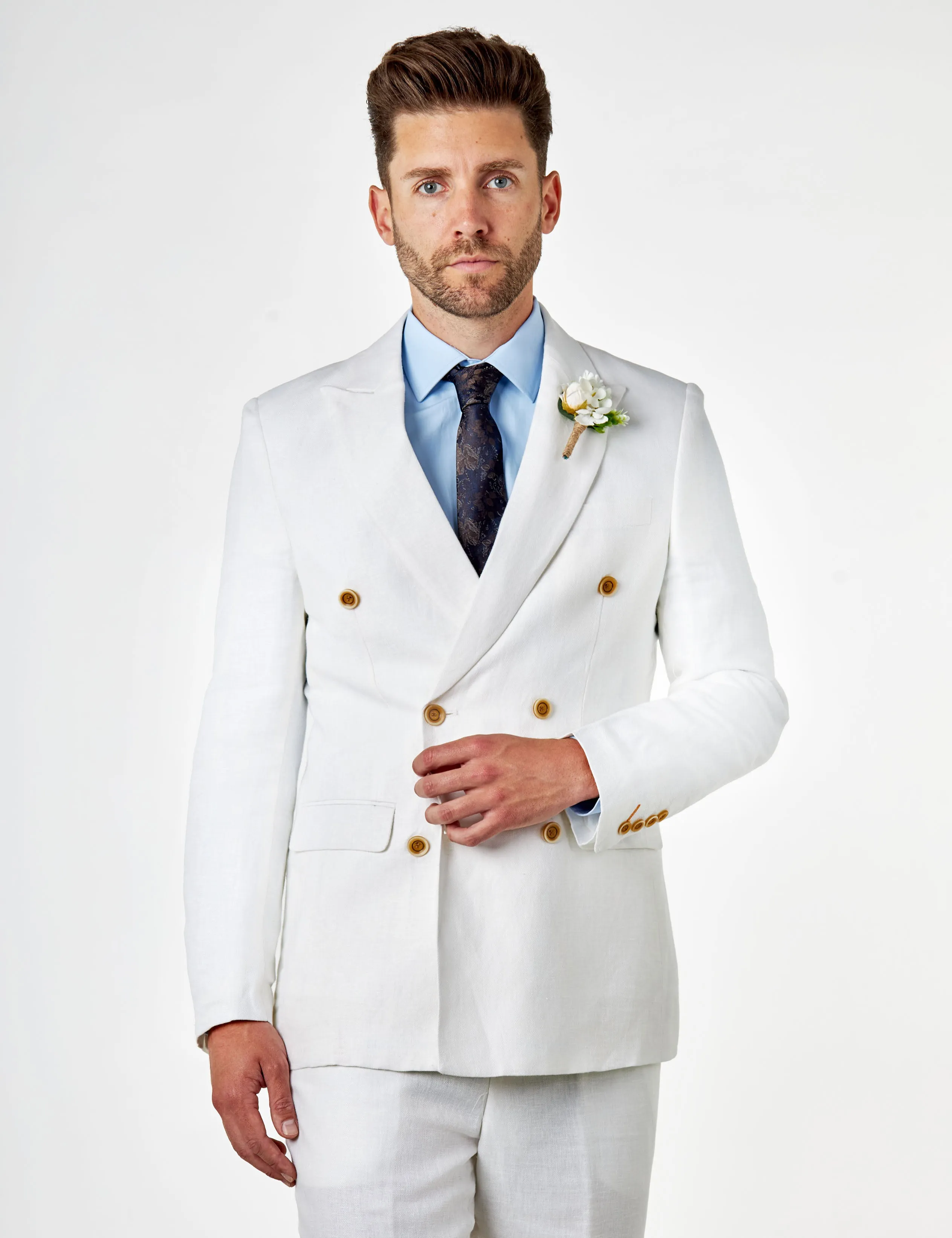 RAY - Tailored Fit Off White Herringbone Linen Double Breasted Jacket