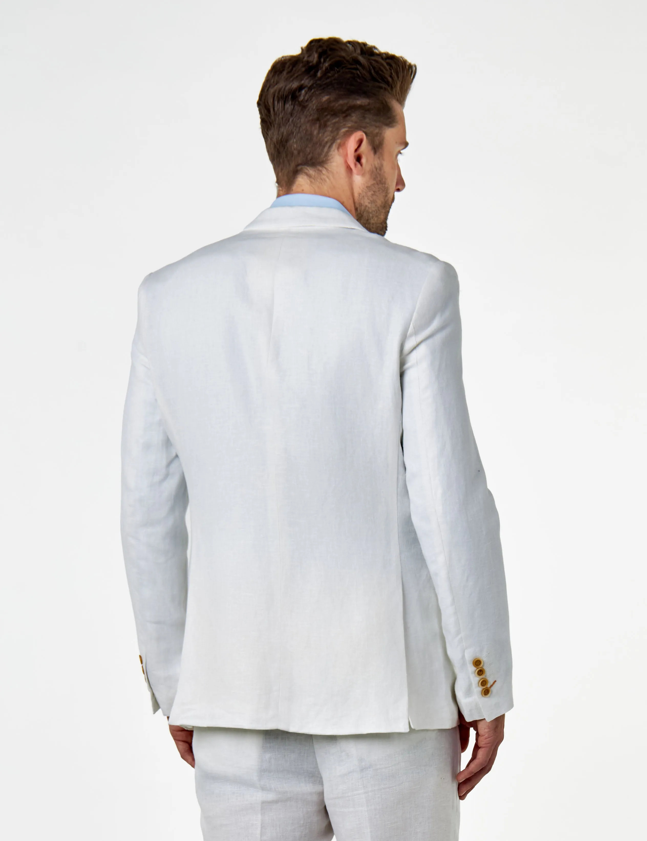 RAY - Tailored Fit Off White Herringbone Linen Double Breasted Jacket