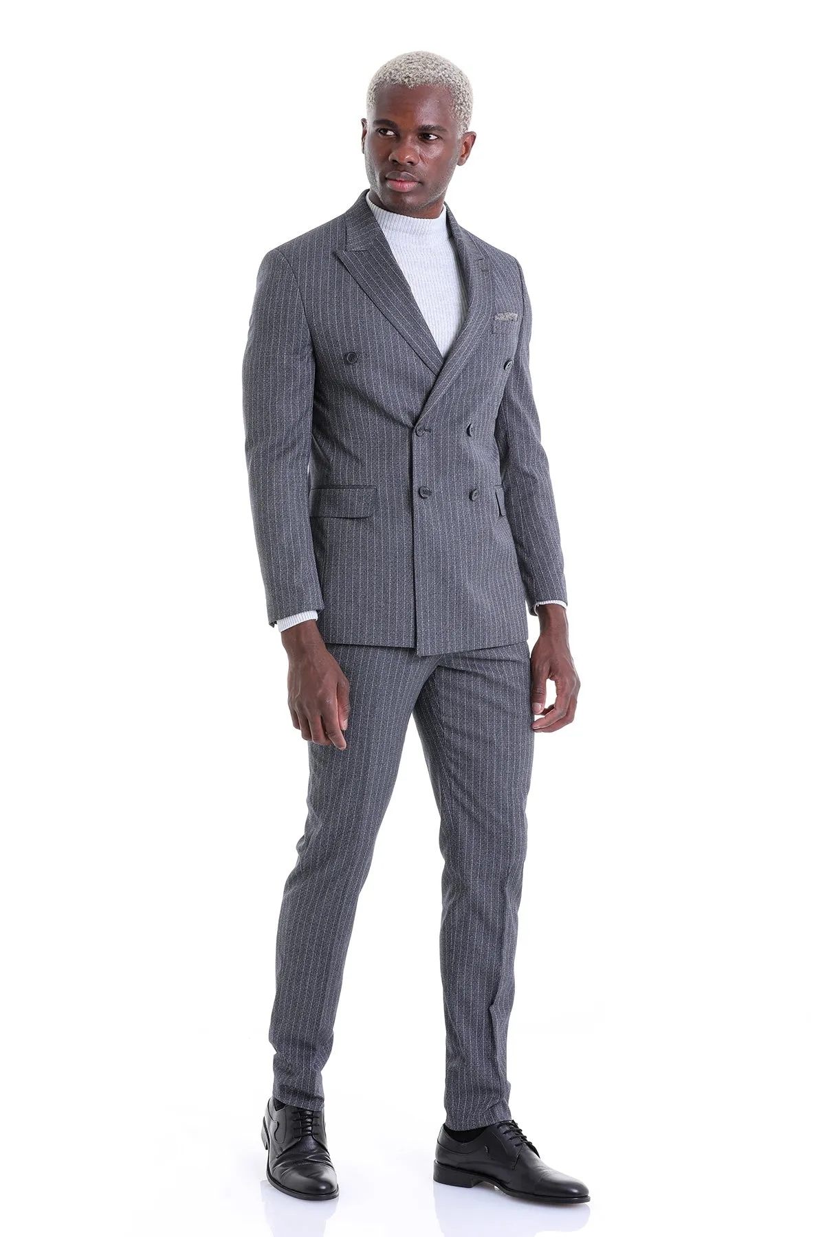 Slim Fit Double Breasted Black Striped Classic Suit