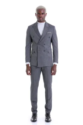 Slim Fit Double Breasted Black Striped Classic Suit