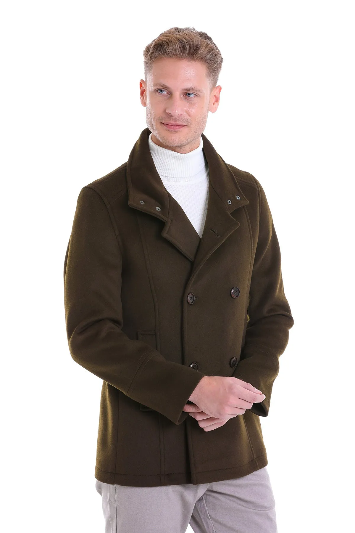 Slim Fit Double Breasted Khaki Wool Blend Coat