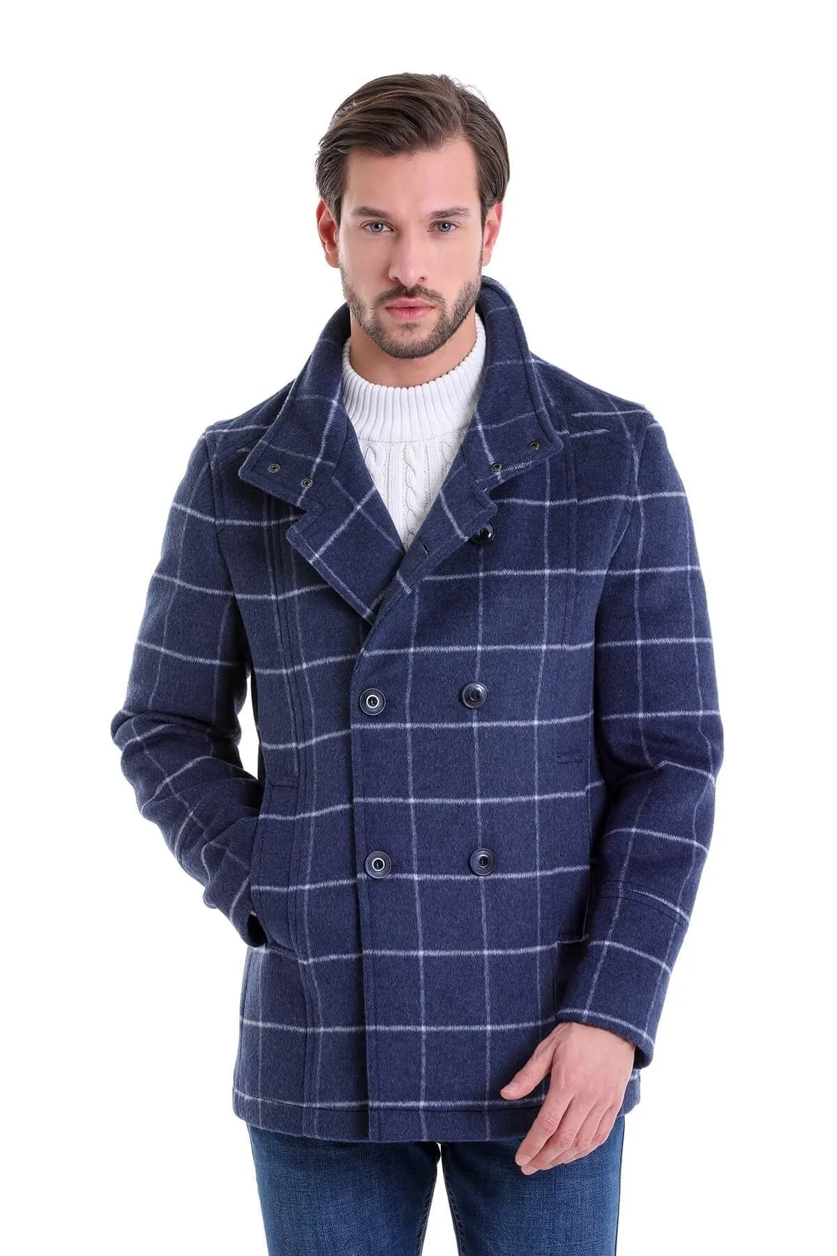 Slim Fit Double Breasted Light Navy Wool Blend Coat