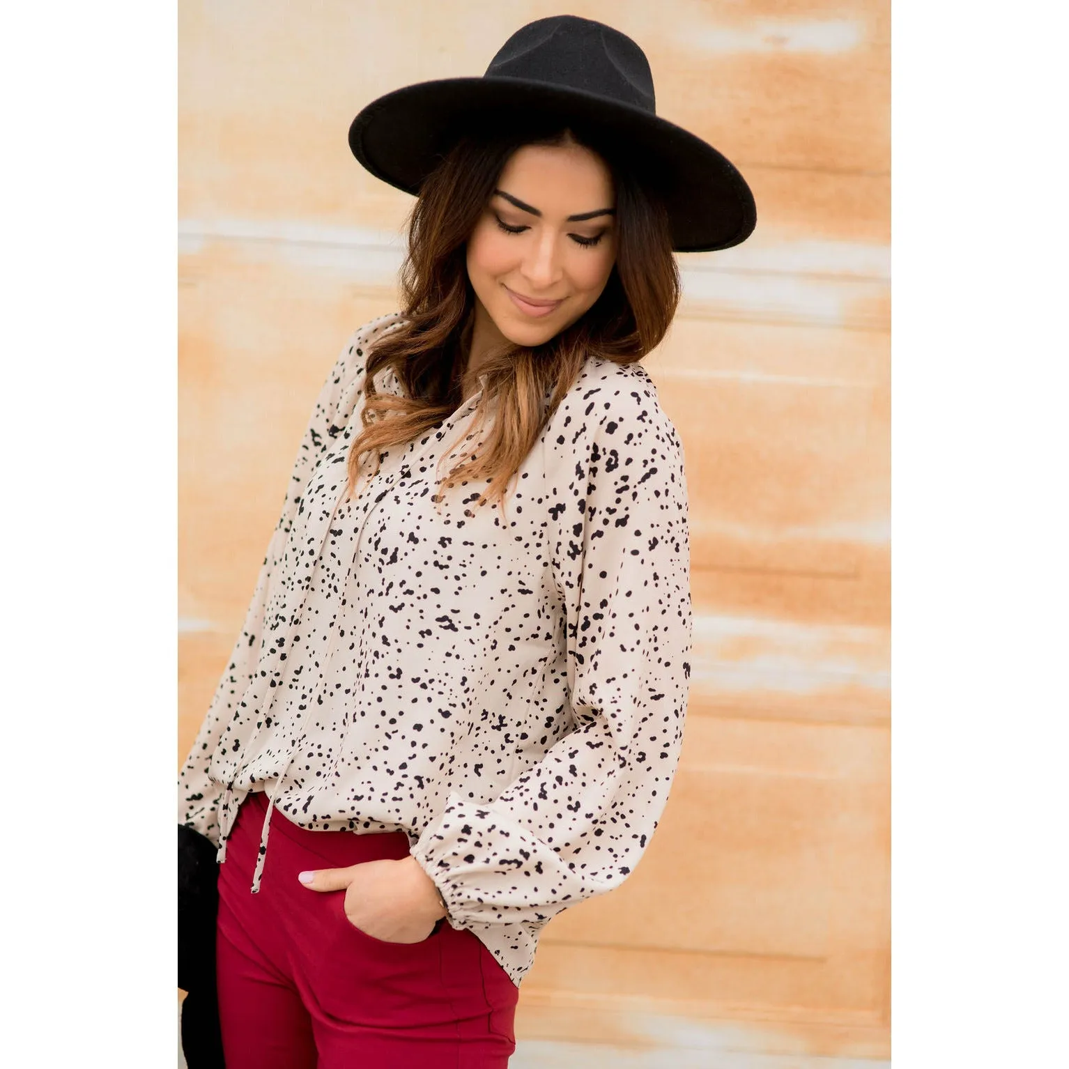 Spotted Tie V-Neck Blouse