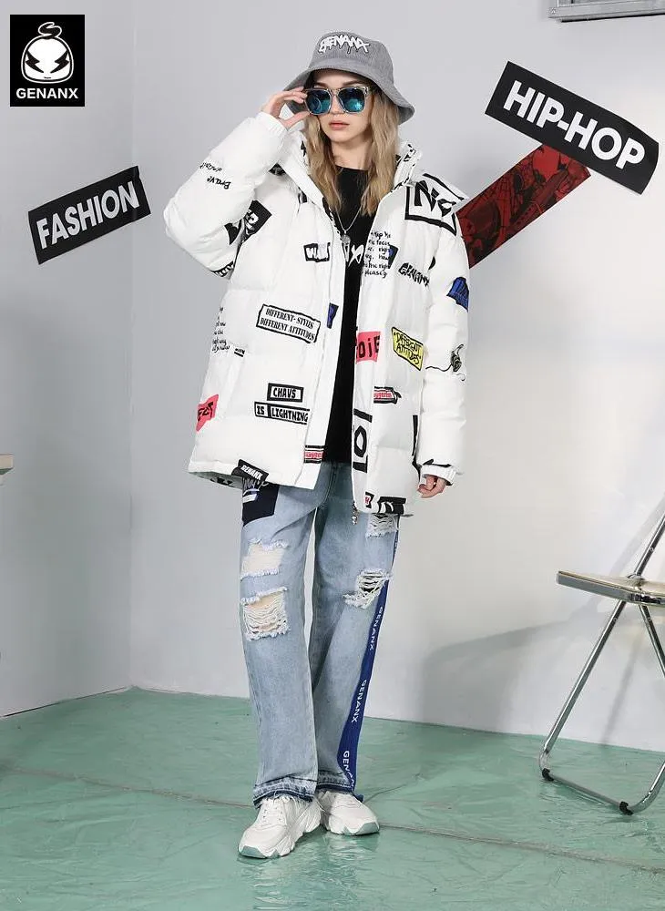 Street Letter Graffiti Print Removable Hooded Down Jacket