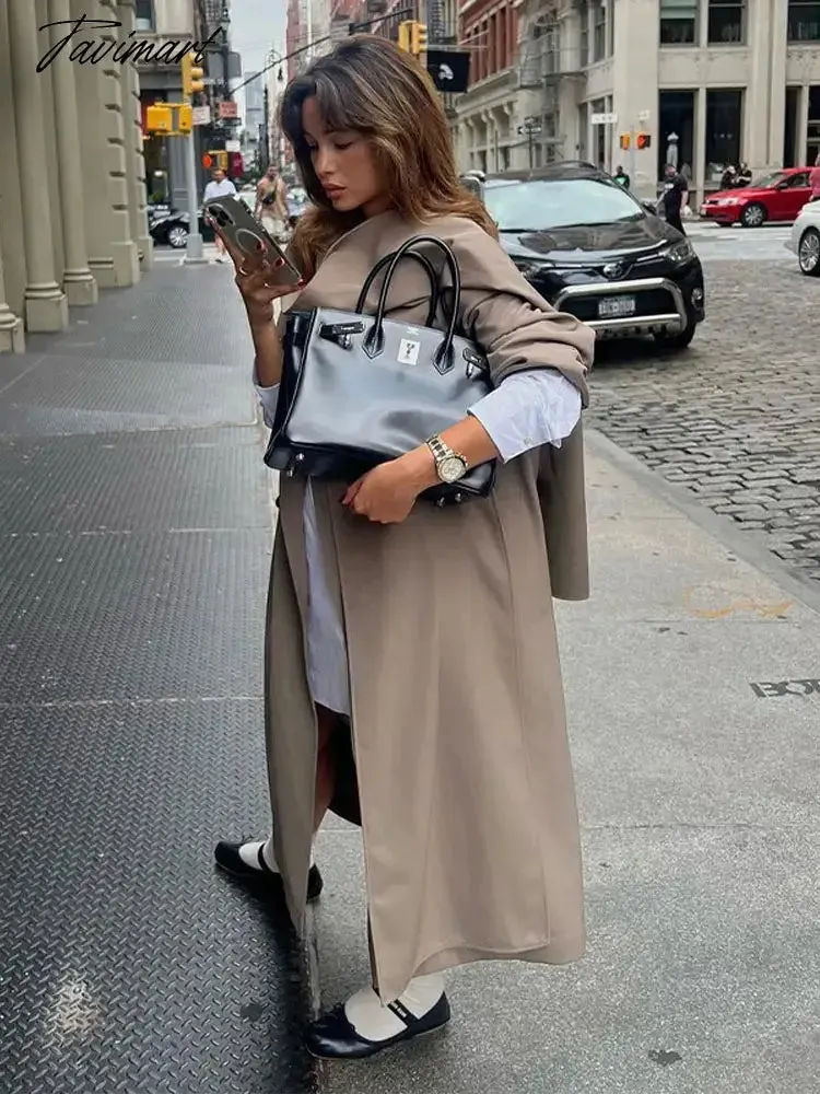 TAVIMART -  Grey Lapel Double Breasted Women Long Overcoat Long Sleeve Pocket With Scarf Loose Windbreaker Autumn Chic Lady Streetwear