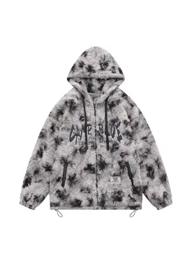 Thesupermade Letter Embroidered Hooded Fleece Sherpa Jacket