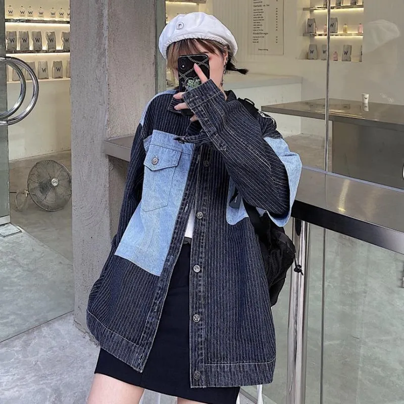 Thin Stripes Oversized Denim Stitching Jacket