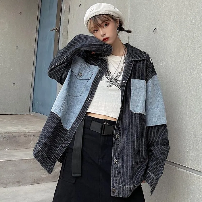 Thin Stripes Oversized Denim Stitching Jacket