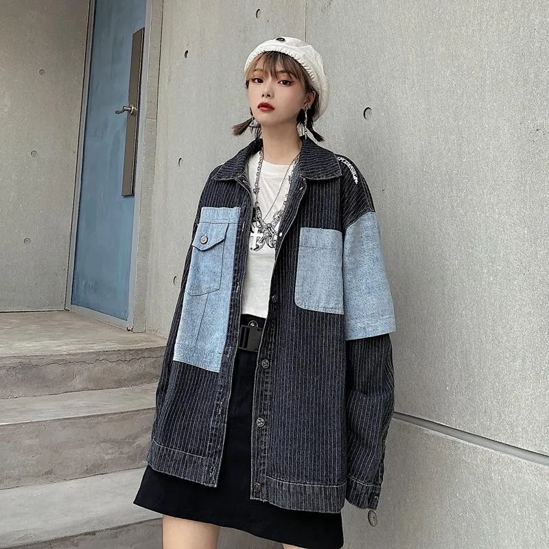 Thin Stripes Oversized Denim Stitching Jacket