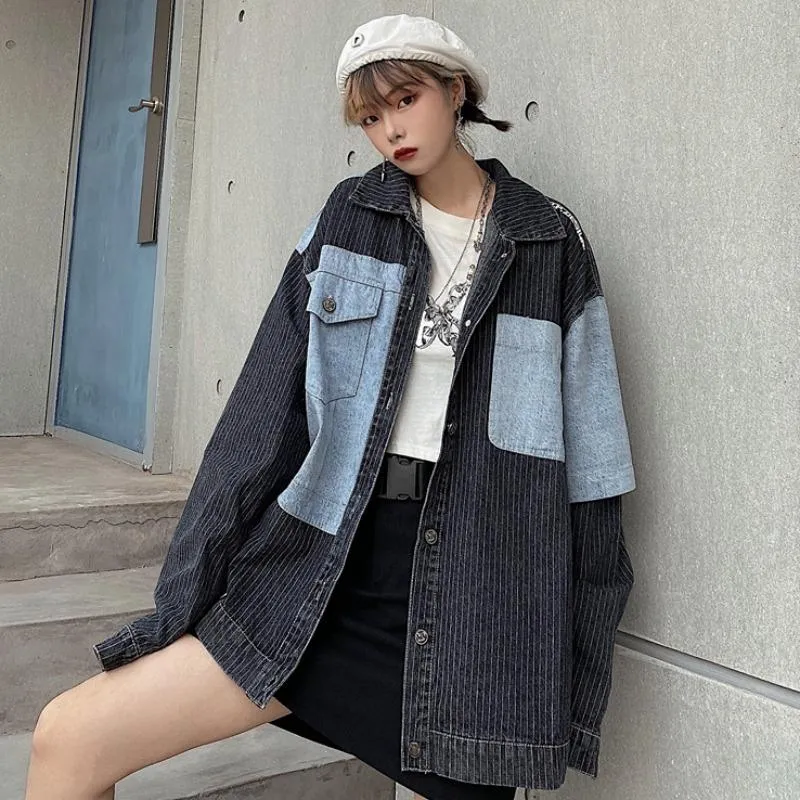 Thin Stripes Oversized Denim Stitching Jacket