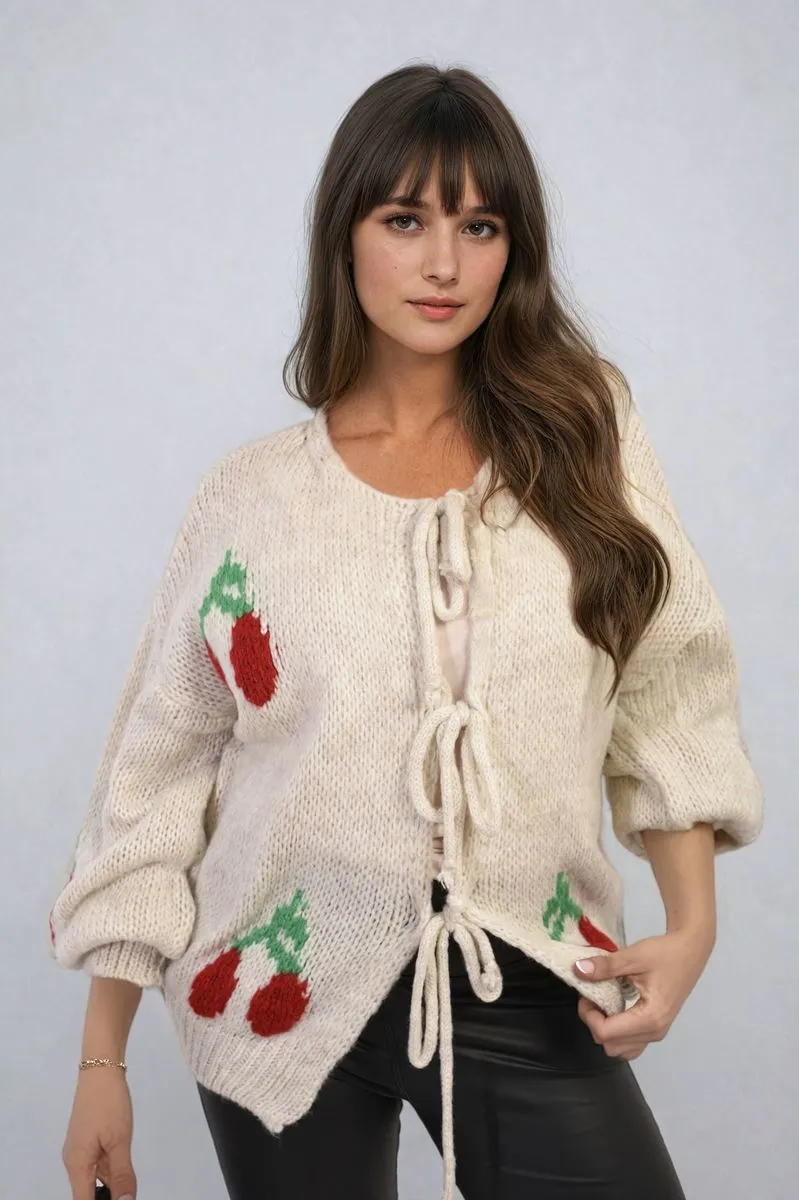 Tie Front Cherry Print Knitted Cardigan