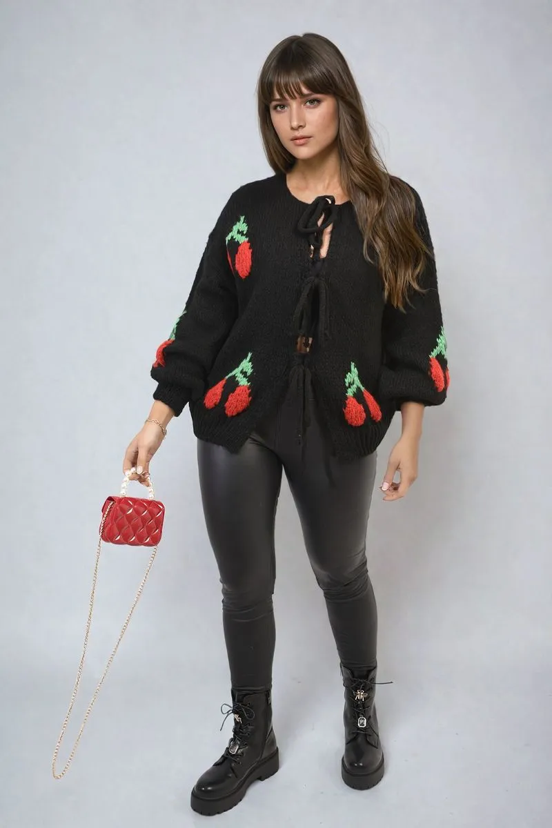 Tie Front Cherry Print Knitted Cardigan