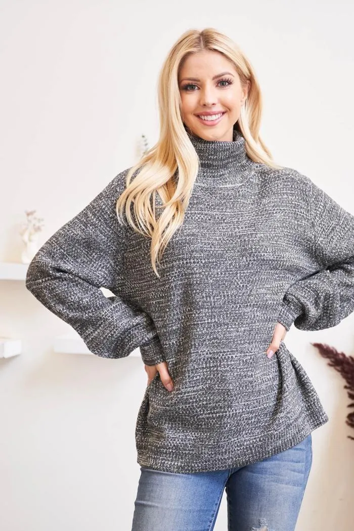 Turtleneck Melange Balloon Sleeve Sweater