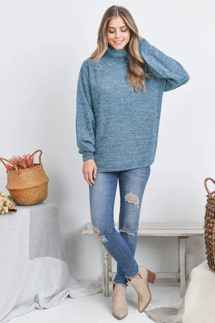 Turtleneck Melange Balloon Sleeve Sweater