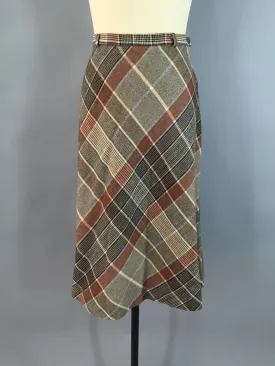 Vintage 1980s Bias Cut Tan and Black Tartan Plaid Wool Skirt