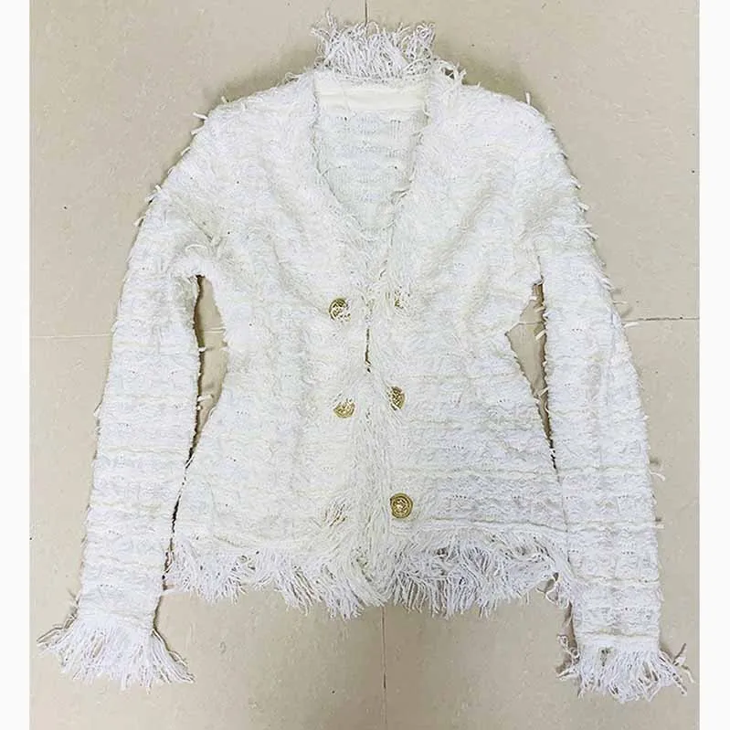 Women Tweed Jacket With Fringe And Gold-tone Double-breasted Cardigan Jacket